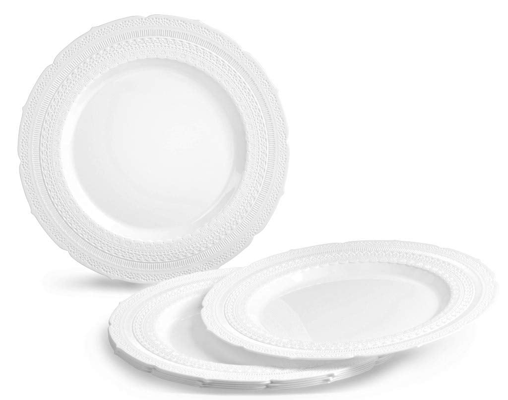 " OCCASIONS" 50 piece (25 guest) Extra Heavyweight Vintage Wedding Disposable/Reusable Plastic Plates (25 x 11'' dinner + 25 x 8.25'' salad/dessert) Chateau Collection in White