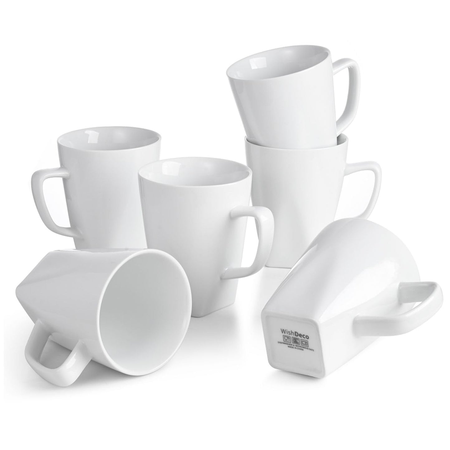 WishDeco White Coffee Mugs Set of 6, Ceramic Coffee Cups 14 oz / 400 ml, Modern Tea Mugs, Porcelain Tea Cups, Large Mug for Latte, Cappuccino, Milk, Juice, Square Bottom, Microwave and Dishwasher Safe