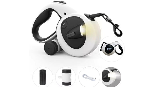 BKINDTOPET 4-in-1 Retractable Dog Leash 16ft with LED Light, Poop Bag Dispenser & Bags – Heavy Duty, Tangle-Free Leash for Small & Medium Dogs up to 66lbs, One-Button Brake & Anti-Slip Handle (M)