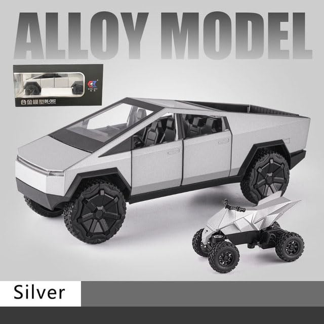 1:24 Cyberpunk Pickup Truck Model Alloy Simulation Sound and Light Pull Back Off-Road Vehicle Boys Collection Decoration Birthday Gift (Silver)