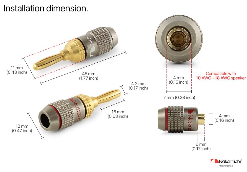 Nakamichi FanLock Excel Series 24k Gold Plated Banana Plug 10 AWG - 18 AWG Gauge Size 4mm for Speakers Amplifier Hi-Fi Stereo Home Theatre Radio Audio Wire Cable Quick Connector, 16 Pcs (8-Pairs)