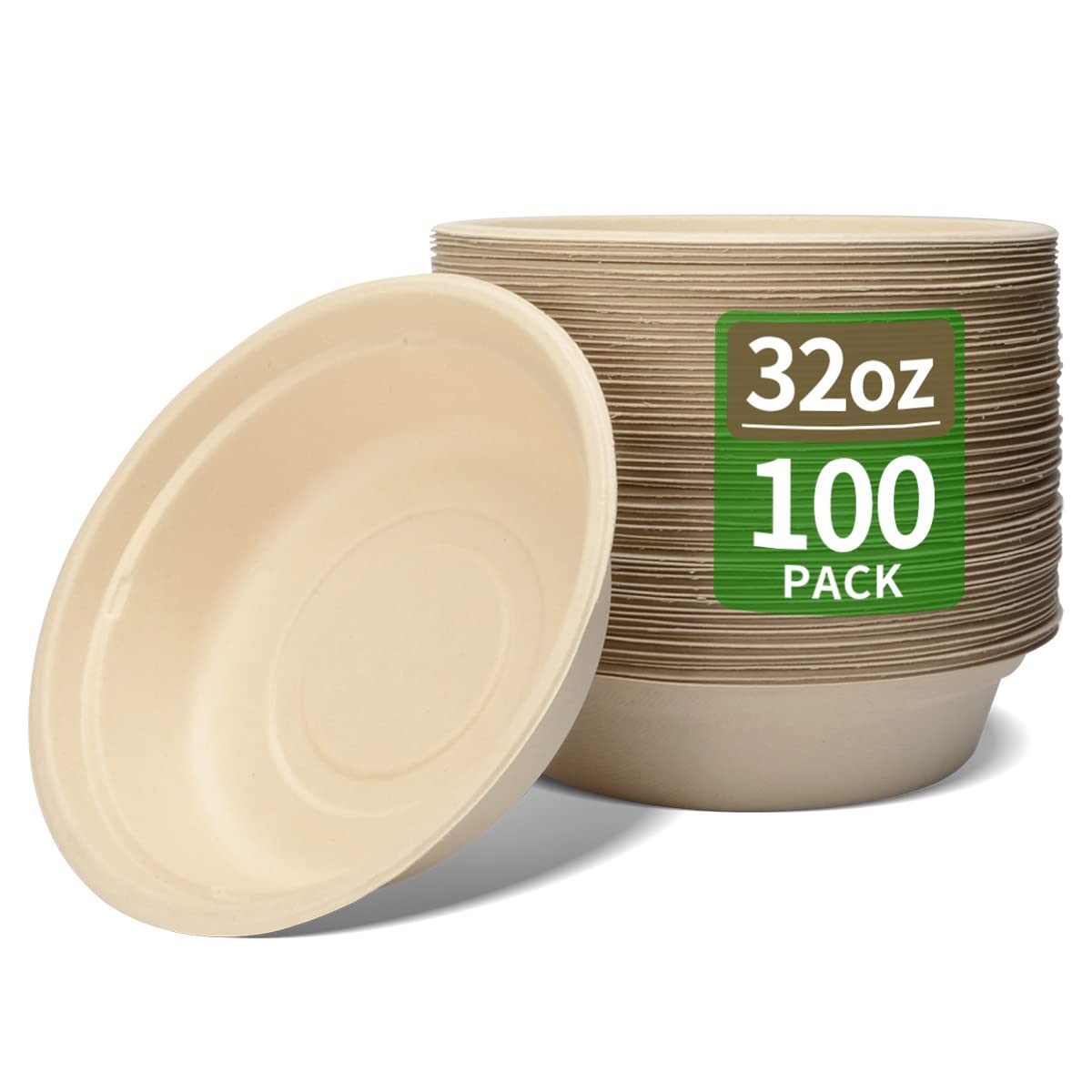 bloomoon 100 Pack 32 oz Large Round Paper Bowls for Salad, Pasta, Burrito, Lunch and Snack, Heavy Duty 32 oz Disposable Bowls for Party and Catering