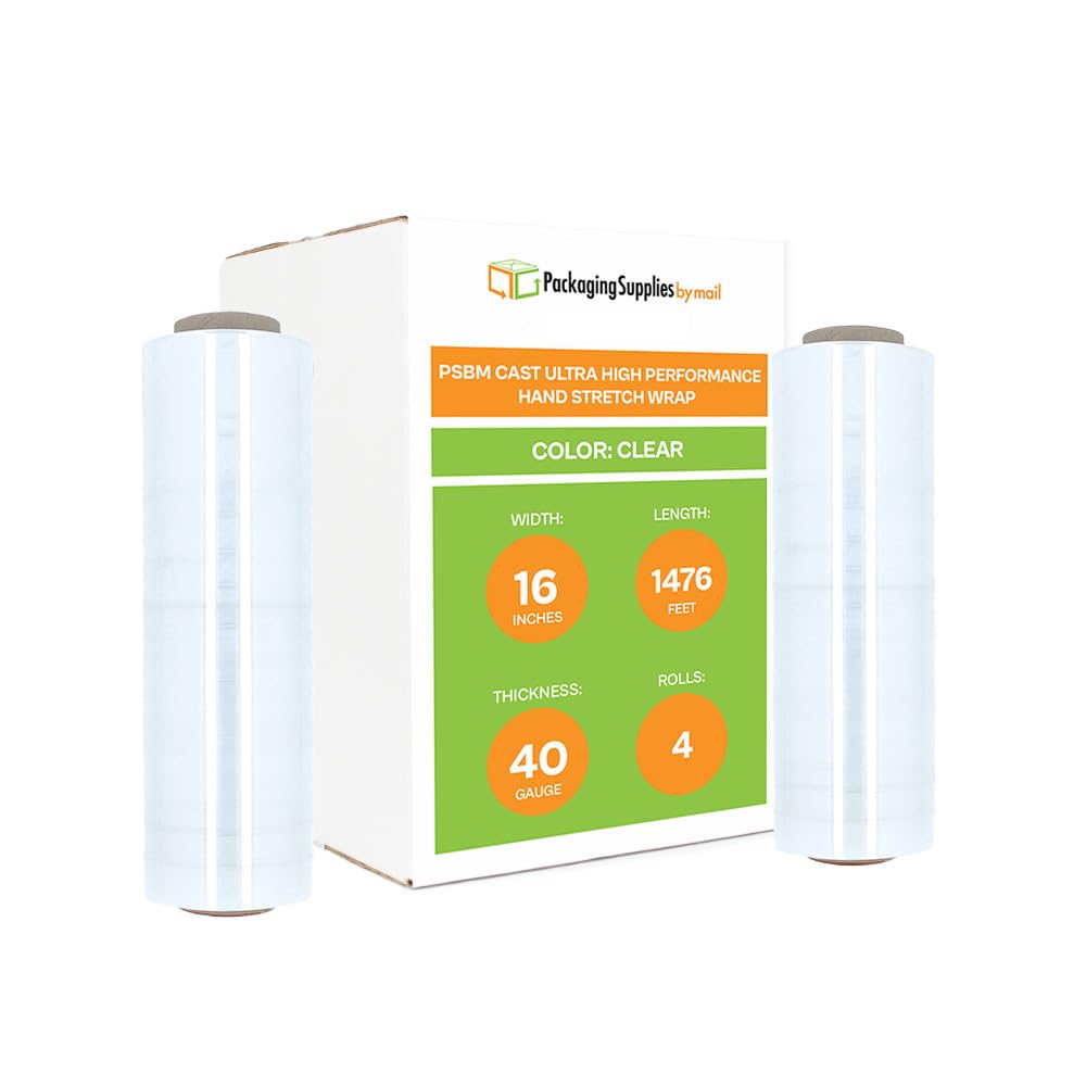 PSBM Hand Stretch Film/Wrap, 4 Rolls 16 Inch x 1476 Feet 80 Gauge Equivalent Ultra High Performance Industrial Strength Clear Shrink/Plastic Wrap for Moving, Shipping, Storing & Packing