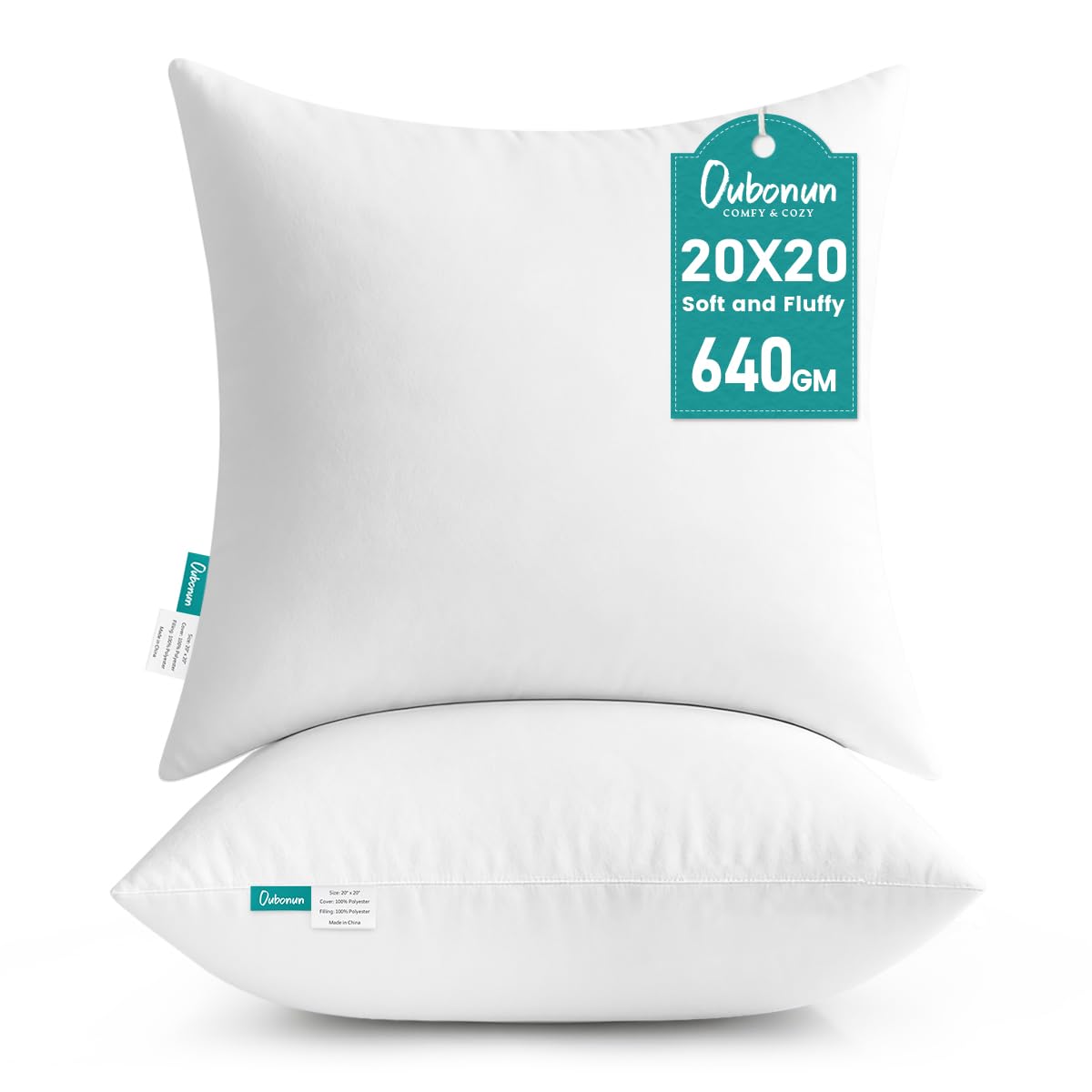 Oubonun 20 x 20 Throw Pillow Inserts - Soft, Plush & Decorative Down Alternative Pillows for Couch Sofa Bed, Machine Washable - White, Pack of 2