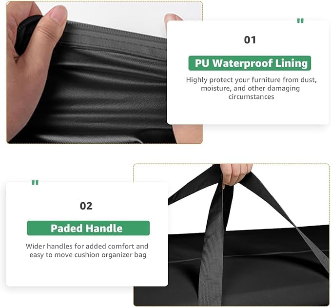 Aurragiy Garden Cushion Storage Bag - 420D Waterproof, 68" Rectangular, Black - Outdoor Patio Cushion Storage Bag with Zipper and Handles