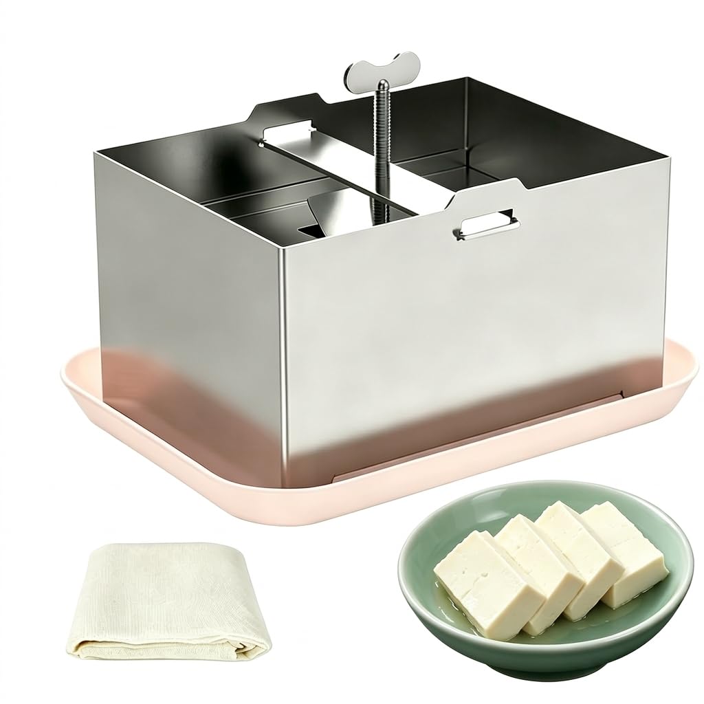 Stainless Steel Tofu Press with Presser Towel & Drip Tray – DIY Tofu Maker for Homemade Firm Tofu, Paneer & Cheese – Effortless Water Removal for Enhanced Texture & Flavor