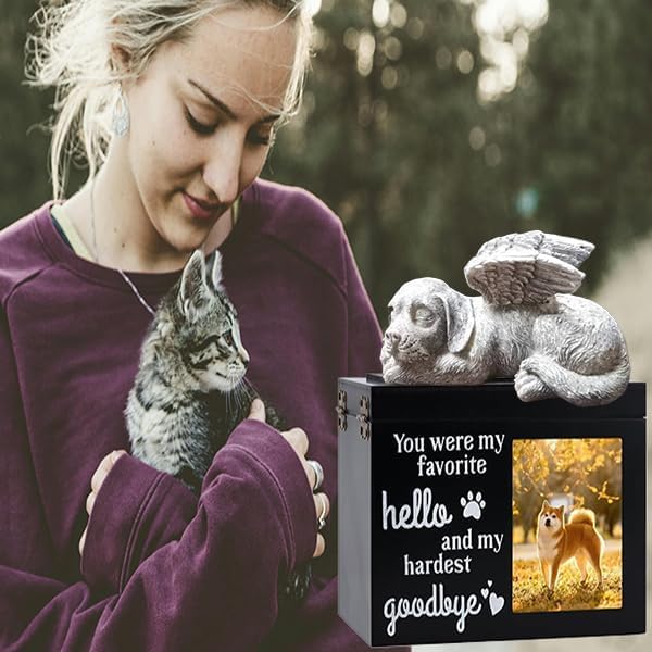 Dog Angel Wooden Urns for Dogs Ashes, Medium Wood Funeral Cremation Memorial Box with Photo Frame and a Sleeping Dog, Key, Loss Keepsake Memory Box Cremation Urns Dog pet Keepsake Memorial Gift