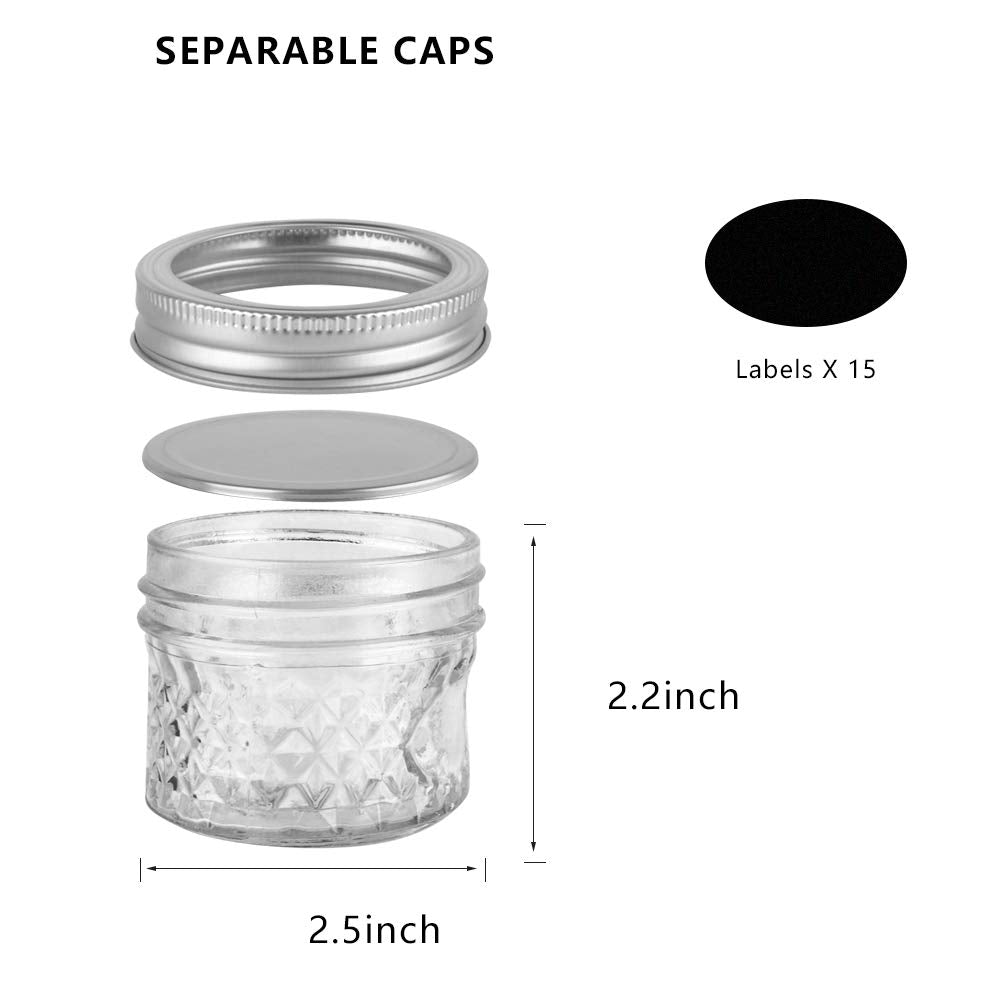 40 Pack 4oz 120 ml Glass Mason jars With Silver Regular Lids, Perfect for Jam, Honey, Candies,Wedding Favors, Decorations,DIY Magnetic Spice Jars.(40 Labels Included)