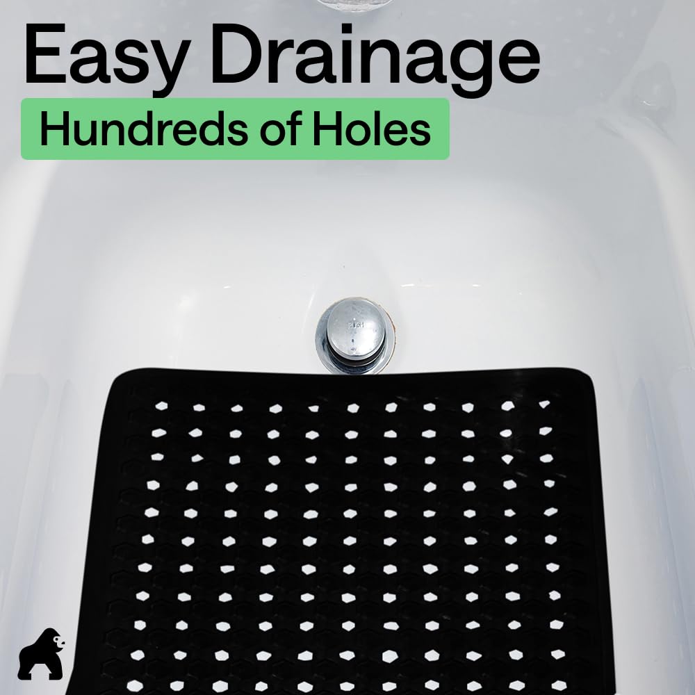 GORILLA GRIP Patented Bath Tub and Shower Mat, 35x16, Machine Washable, Extra Large Bathtub Mats with Drain Holes and Suction Cups to Keep Floor Clean, Soft on Feet, Bathroom Accessories, Black Opaque