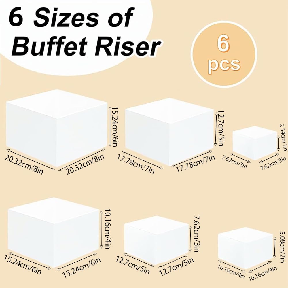 6 Pcs Buffet Risers White Acrylic Display Stands Cube Boxes with Hollow Bottoms Decorative Stand 6 Sizes for Jewelry Candy Table Decor Box Food Riser Party Case Cake Tables