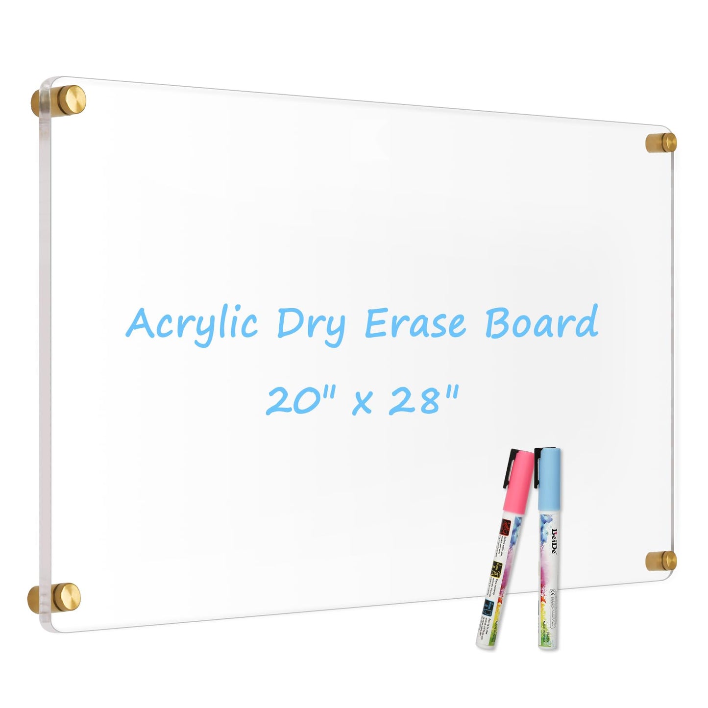 AMUSIGHT Large Clear Acrylic Dry Erase Board, 28" X 20" Golden Non-Magnetic Frameless Clear White Board for Wall, Erasable Acrylic Board for Wall, Home, Office, School, 2 Markers