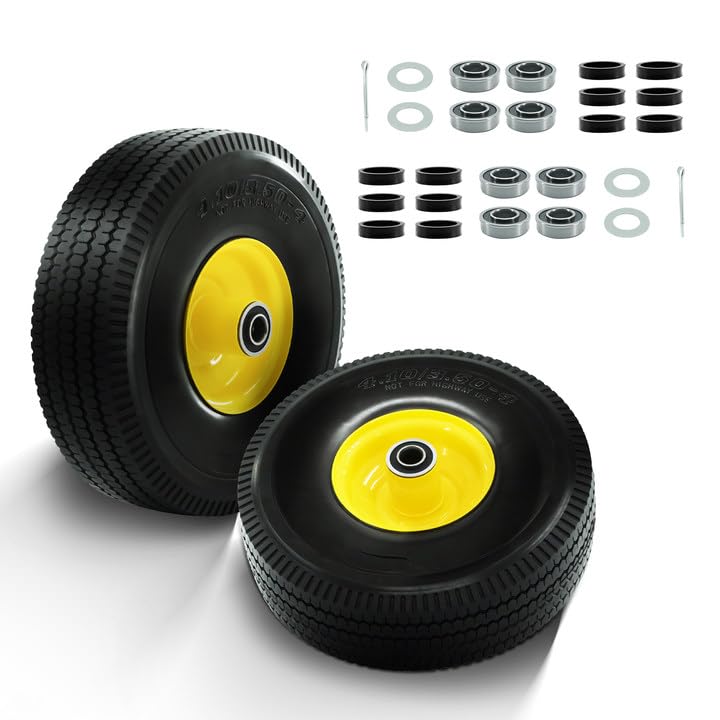 4.10/3.50-4 Tire and Wheel Flat Free, with 5/8” Axle Bore Hole, Extra 3/4”&1/2” Bearings, 2.2” Offset Hub,10” Solid Rubber Tires for Hand Trucks, Dollies, Garden Trailer (2Pack)