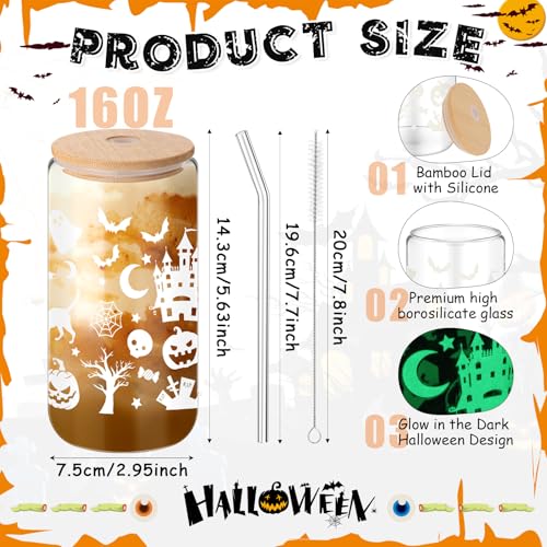 Acellegic 6 Packs Halloween Glow in The Dark Cups 16 oz Ghost Witch Glass Cups with Lids and Straws Iced Coffee Cup Spooky Gifts Boo Baskets Stuffers for Women Halloween Party Supplies (Witch)