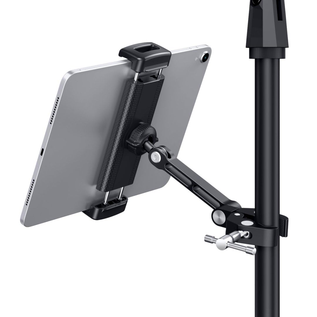 CreaDream Tablet Holder for Microphone Stand, Aluminum Mic Music Stand Holder Mount for Phone and iPad, Tablet Holder Compatible with Devices from 4.7 to 13 inch Tablets & Smartphones (Black)