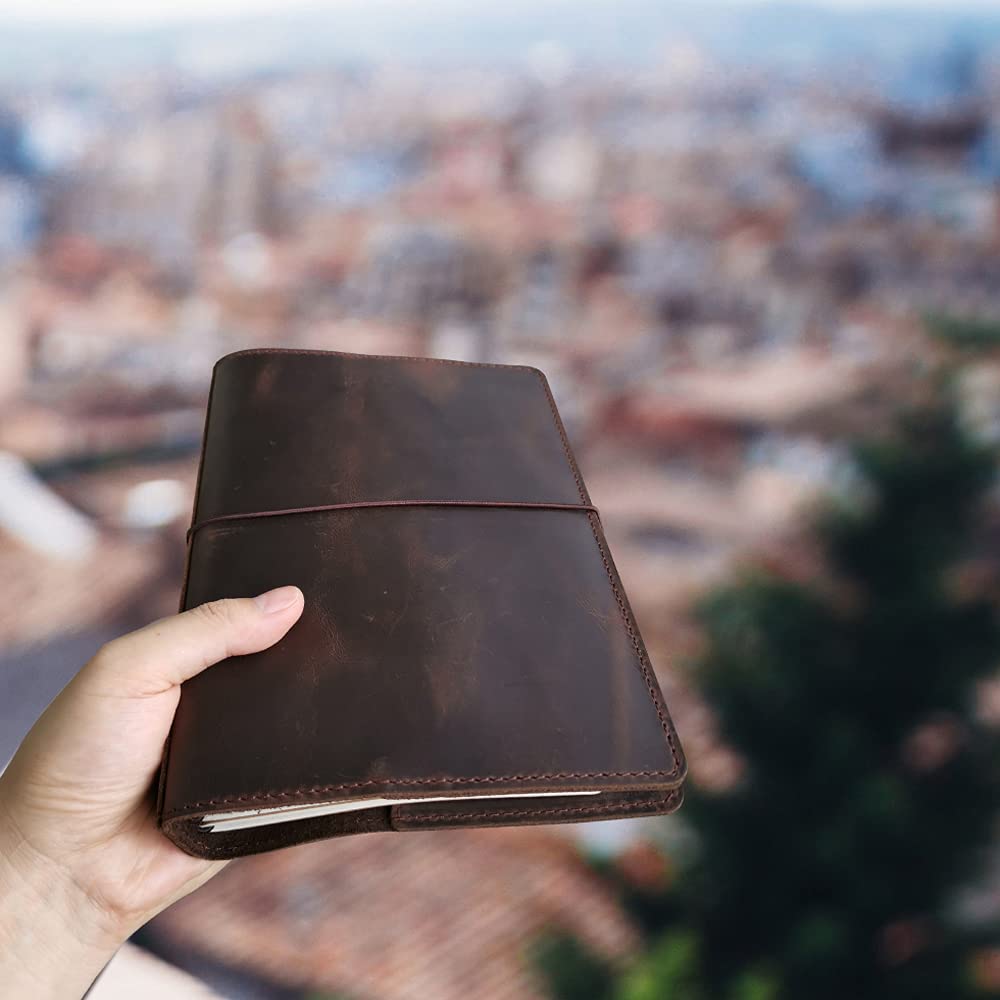 Travelers Notebook Cover with Inner Pockets, Card Slots and Pen Holder, A5 Size, Dark Brown