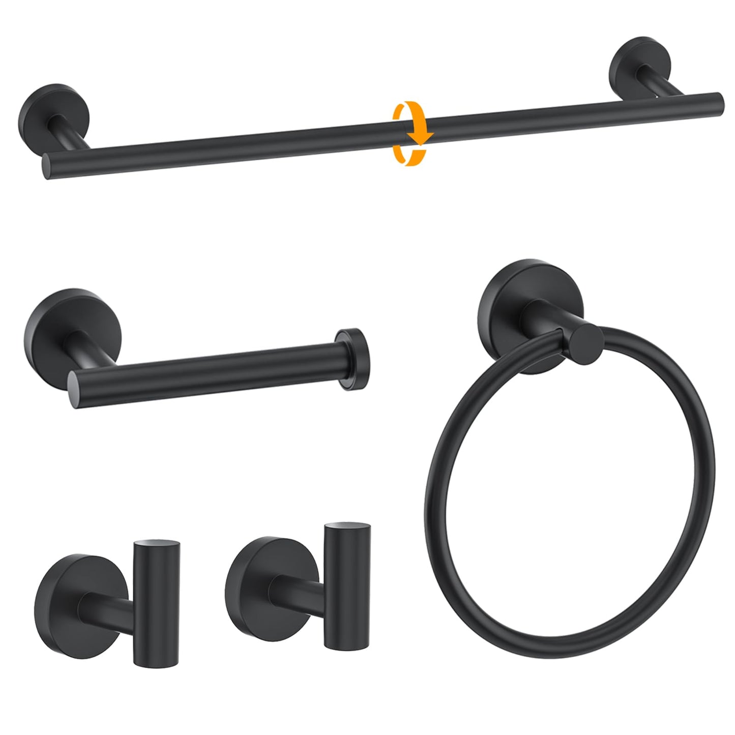 5 Piece Matte Black Towel Bar Set Round Bathroom Hardware Set Includes 23.6in Towel Bar Round Towel Ring Toilet Paper Holder Towel Hooks Stainless Steel Wall Mount Bathroom Accessories Set