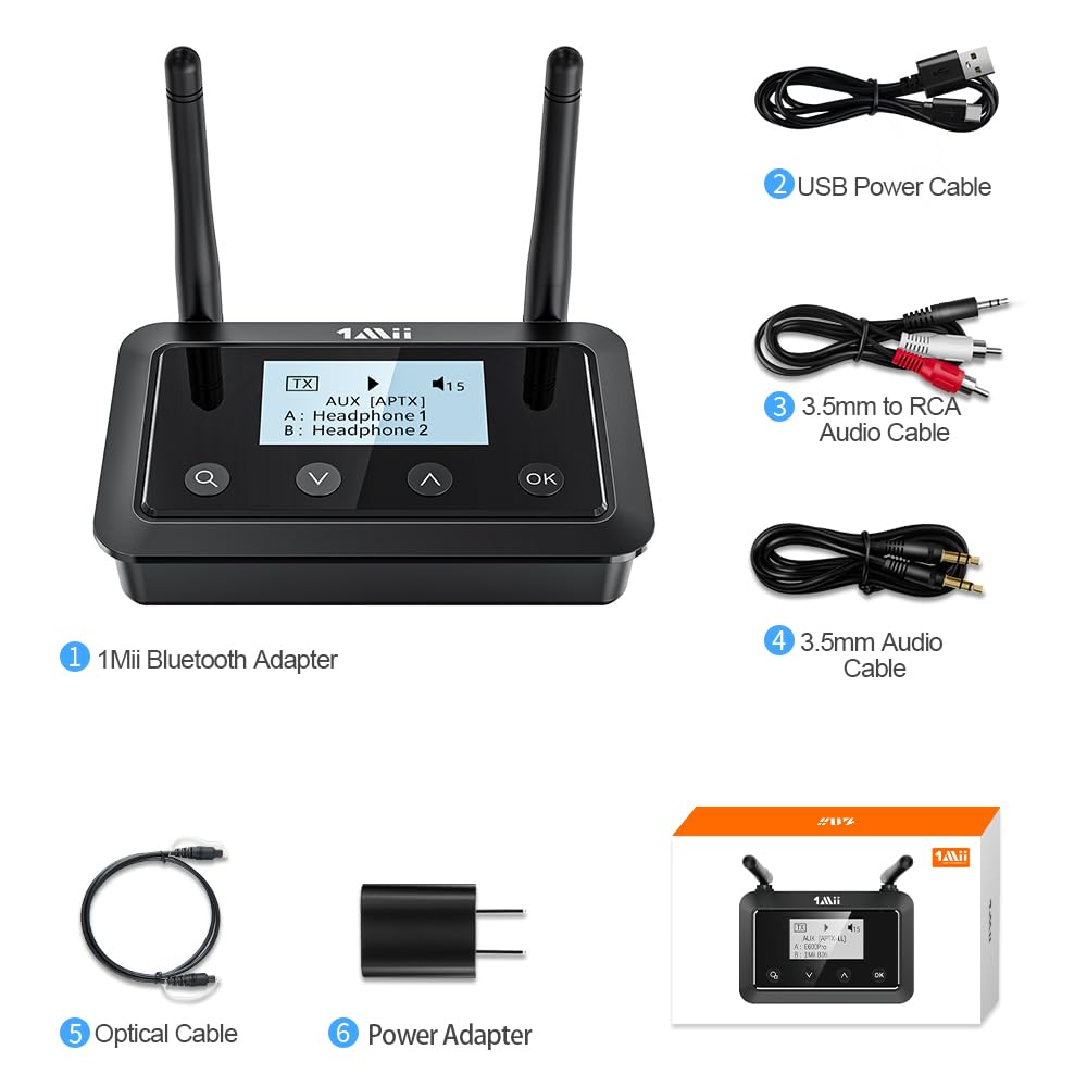 1Mii B03+ Bluetooth Transmitter Receiver for TV Home Stereo, Long Range Bluetooth 5.3 Adapter for TV Audio with Screen, aptX Adaptive & Low Latency & HD, Optical RCA AUX 3.5mm Inputs/Outputs