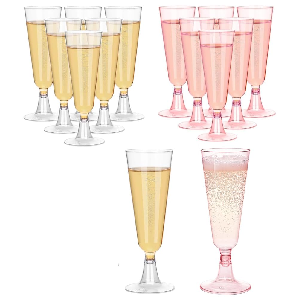 shanmeshan Champagne Flutes Plastic,100 Pack Wine Glasses,Disposable Champagne Glasses,5 Oz Clear and Pink Shot Cups,Christmas Party Wedding Birthday Drinking Beer Water Dessert Cocktail Cups Bulk