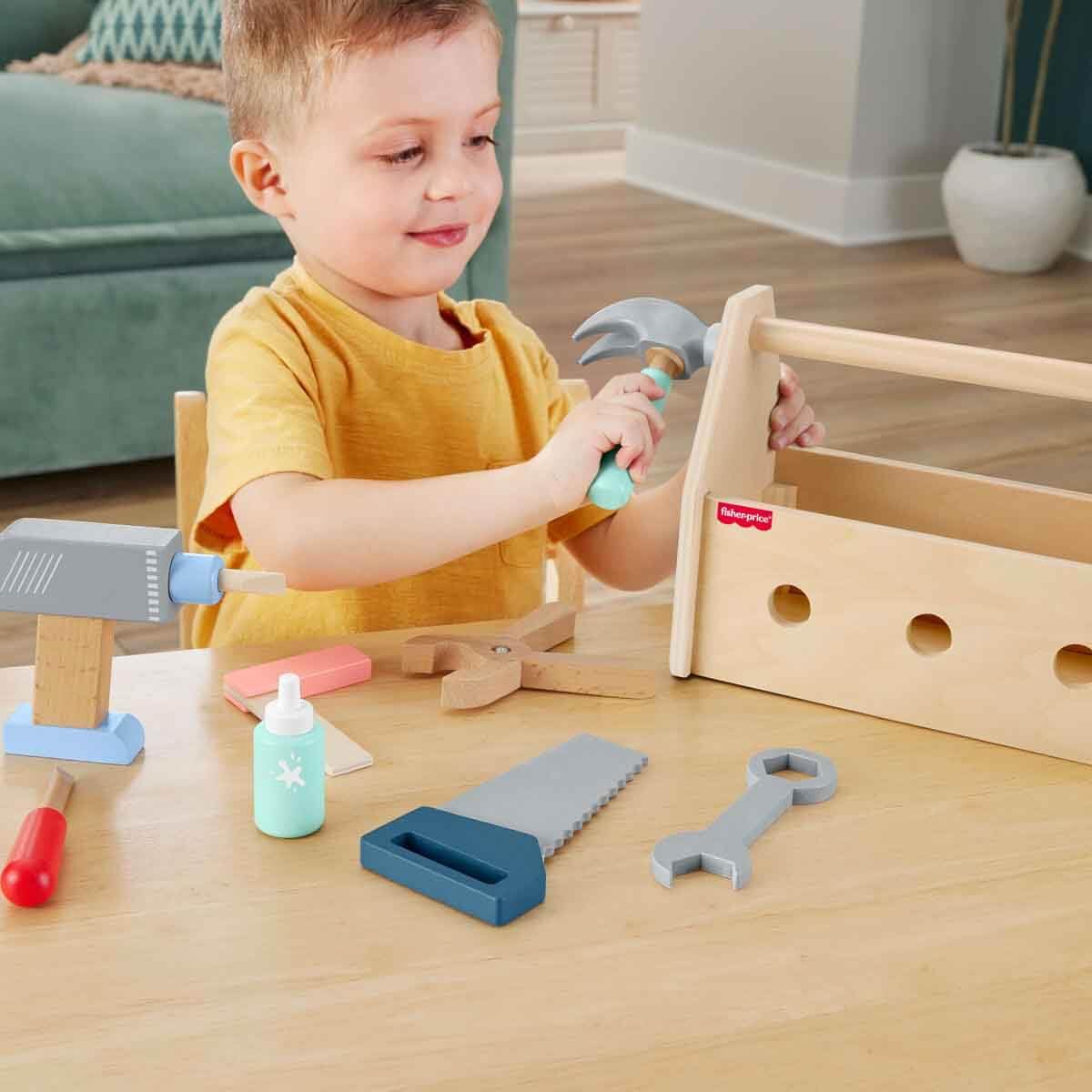 Fisher-Price Wood Pretend Play Toy Tool Box with Drill, 9-Piece Wooden Set for Building Construction Play Preschool Kids Ages 3+ Years