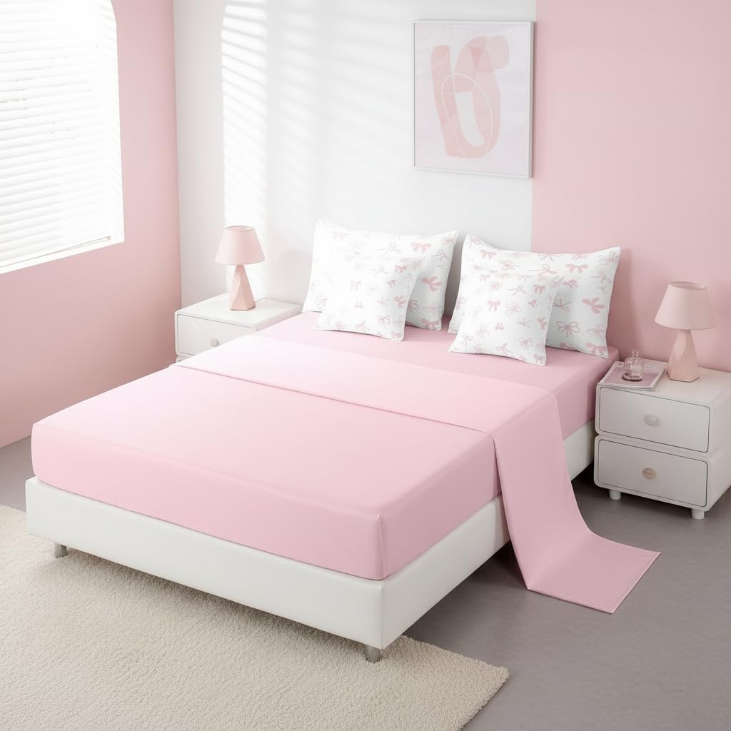 Erosebridal Bow 7 Piece Bedding Set Full Cute Bowknot Comforter Set with Sheets Princess Bow Tie Bed in a Bag White Pink Simple for Kids Girls Women