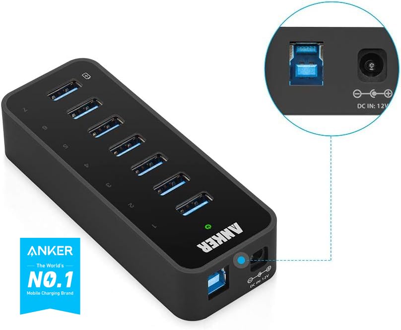 Anker USB 3.0 7-Port Hub with 1 BC 1.2 Charging Port up to 5V 1.5A, 12V 3A Power Adapter Included [VIA VL812-B2 Chipset] Black