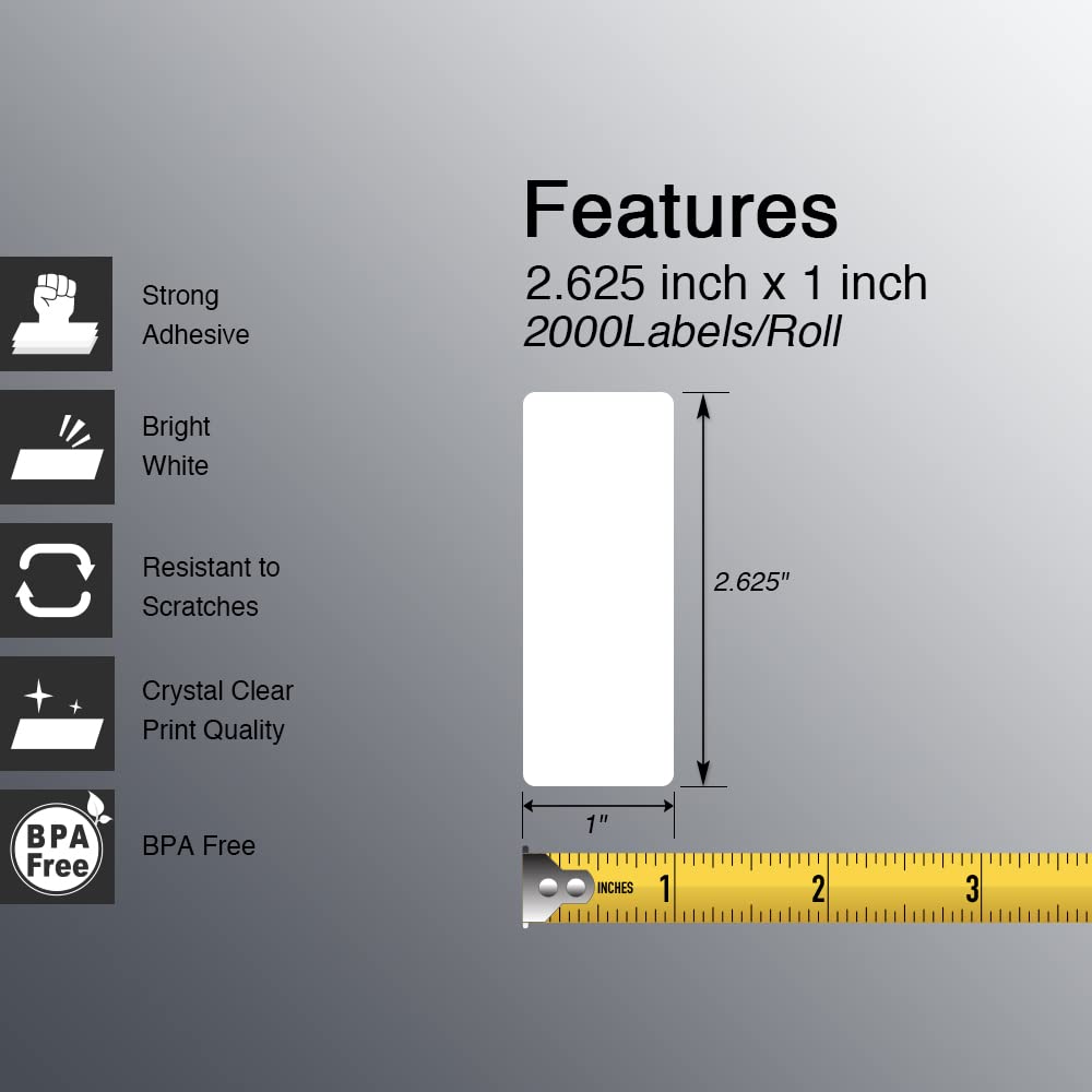 BETCKEY - 2.625" x 1" (67 mm x 25 mm) File Folder & Address Labels Compatible with Zebra/Rollo Label Printer,Premium Adhesive & Perforated [6 Rolls, 12000 Labels]