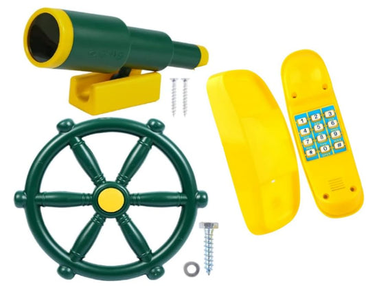 3 Pcs Playground Accessories for Kids,Swingset Attachments with Pirate Ship Wheel, Toy Telescope and Telephone Outdoor Swing Set Accessories (3 Green)