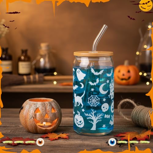 Acellegic 6 Packs Halloween Glow in The Dark Cups 16 oz Ghost Witch Glass Cups with Lids and Straws Iced Coffee Cup Spooky Gifts Boo Baskets Stuffers for Women Halloween Party Supplies (Witch)