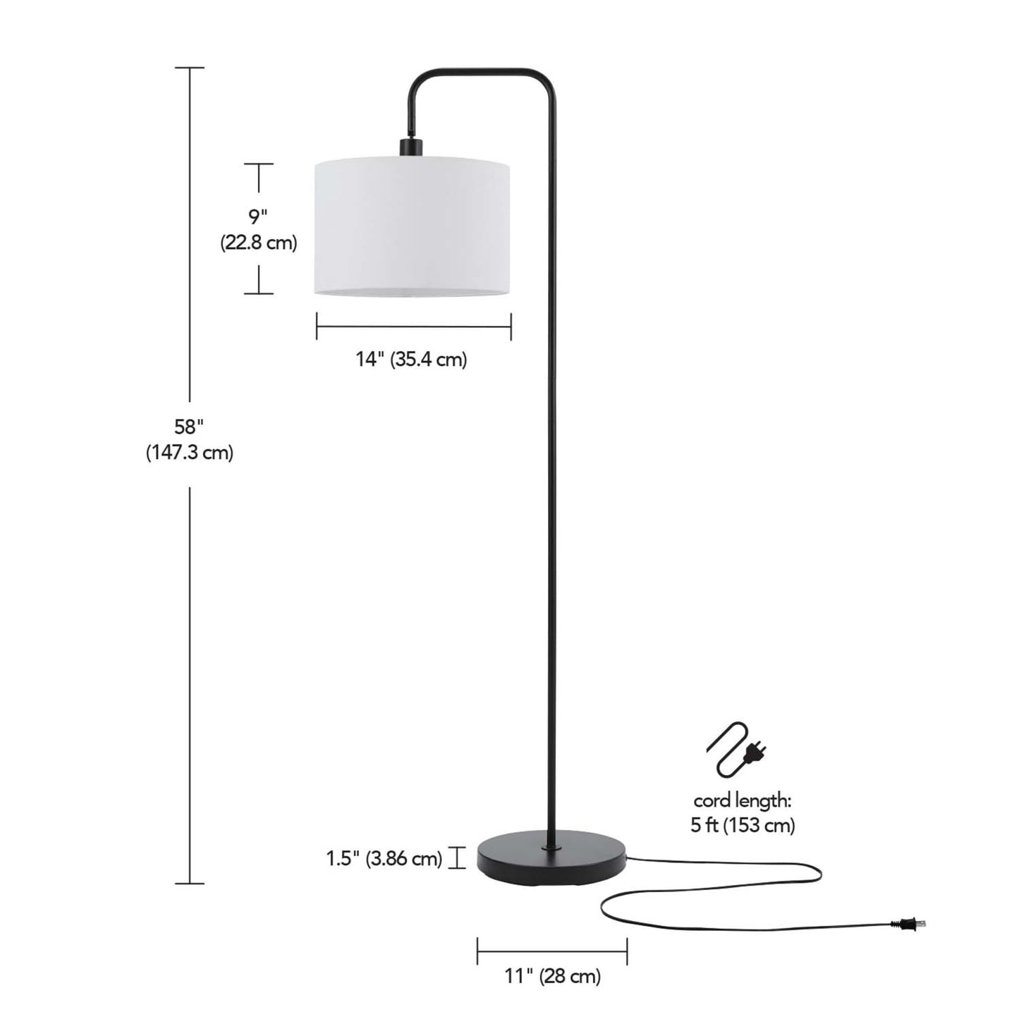 Globe Electric 67065 Barden 58" Floor Lamp, Matte Black, White Linen Shade, On/Off Socket Rotary Switch
