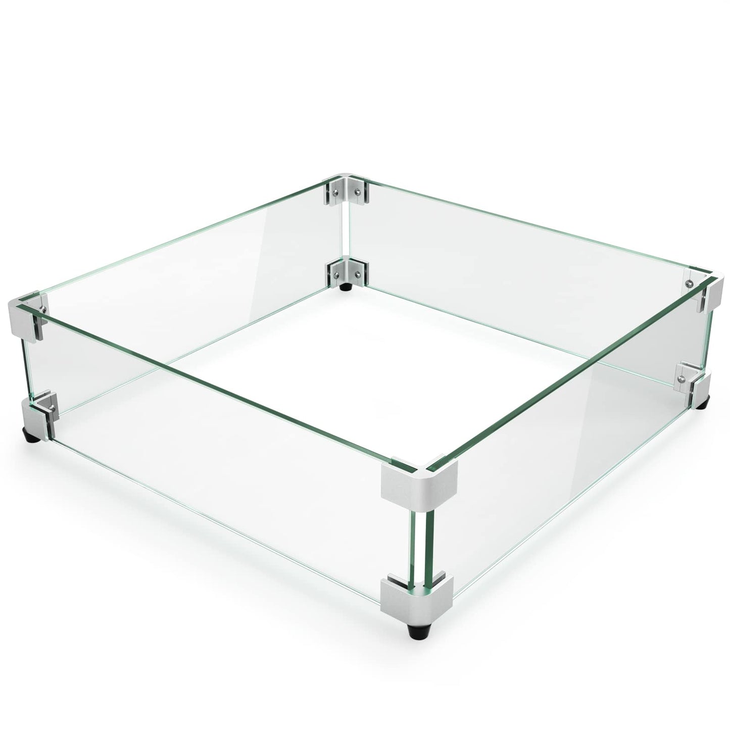 GASPRO 17.5" x 17.5"x 17.5" Square Fire Pit Glass Wind Guard for Square Fire Pit Table, 5/16inch Thickness, Clear Tempered Glass Panel with Hard Aluminum Corner Bracket & Rubber Feet