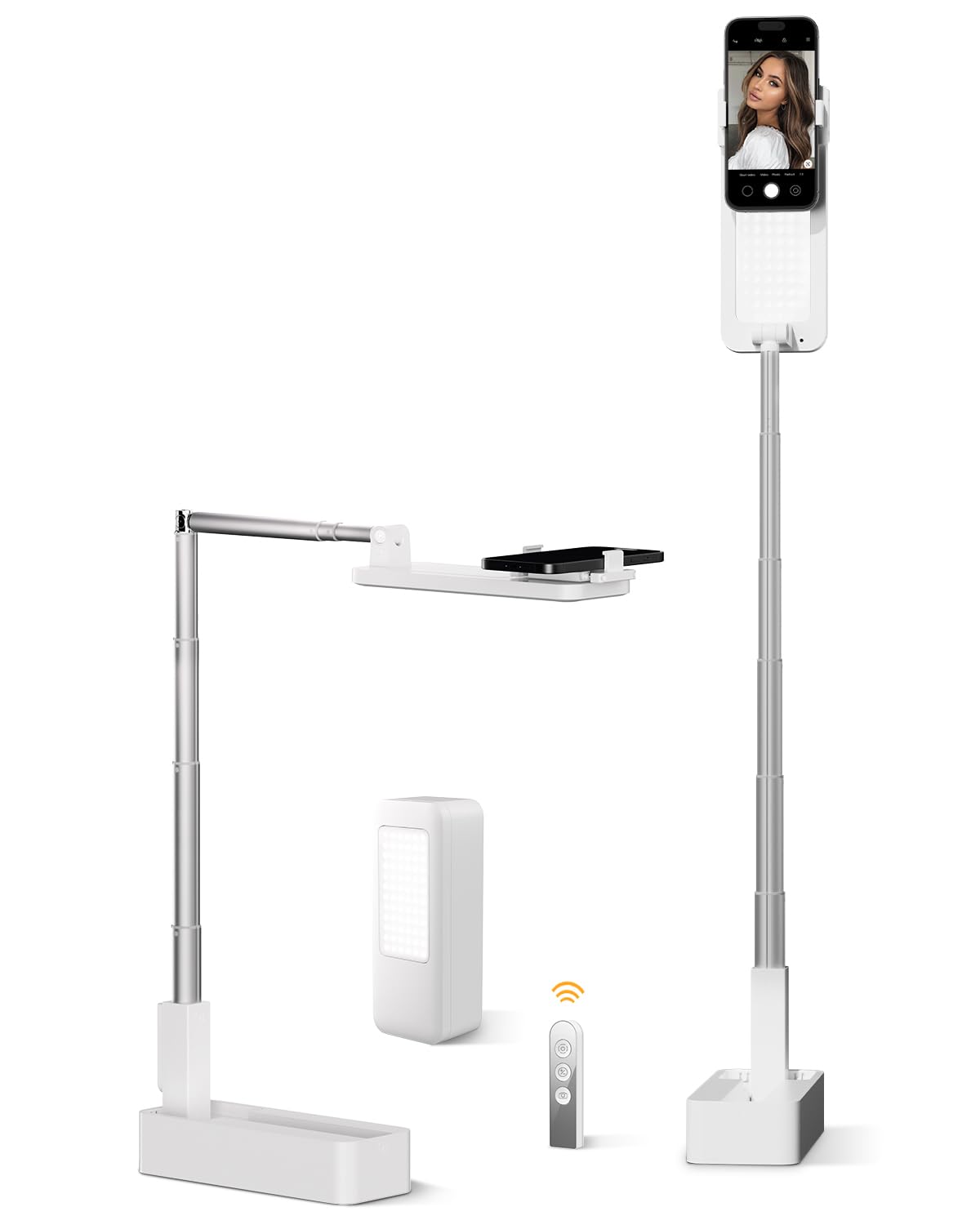 SupeDesk Phone Stand for Recording, Overhead Phone Stand with LED Light, 360° Rotation - Adjustable Portable Tripod for iPhone, Remote - Compatible with 3.5-6.7" iPhones, White