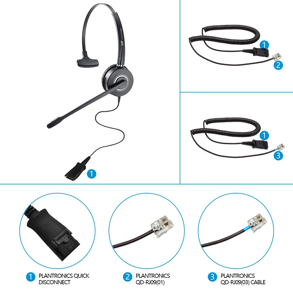 Telephone-Headset Microphone Noise-Cancelling Headphone QD - Quick Disconnect Call Center Headset with RJ09 Cables Compatible with Polycom-Yealink-GXP-Snom-Fanvil-Aastra-Mitel-Digium Phones