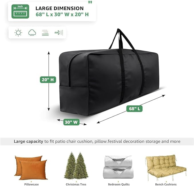 Aurragiy Garden Cushion Storage Bag - 420D Waterproof, 68" Rectangular, Black - Outdoor Patio Cushion Storage Bag with Zipper and Handles