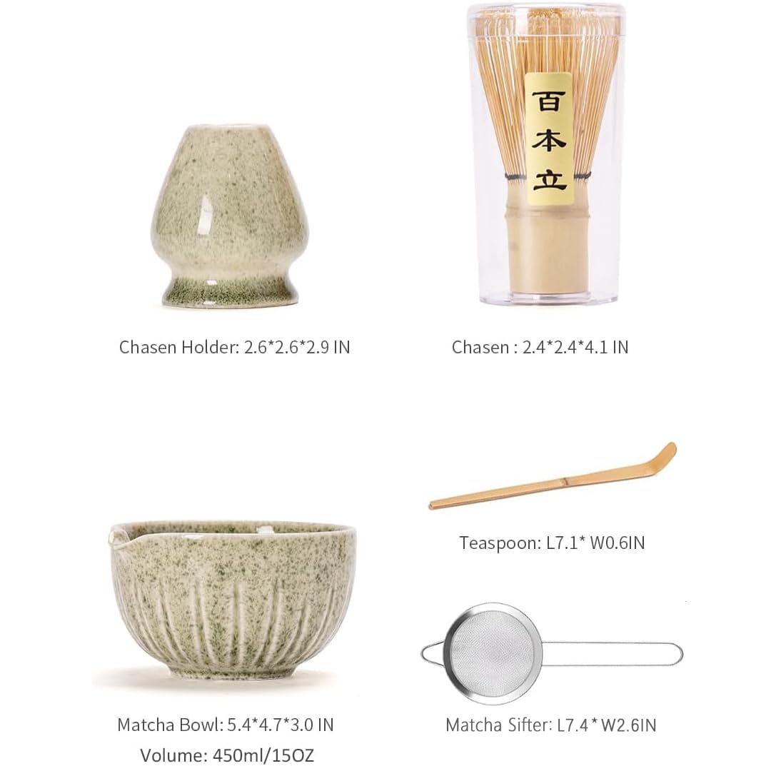 TANG PIN Matcha Set - Match Bowl and Whisk, 15 OZ, Matcha Scoop | Matcha Whisk Stand (Chasen Holder) - 5pc Perfect Matcha Kit for Matcha Tea Ceremony (Mottled Green)