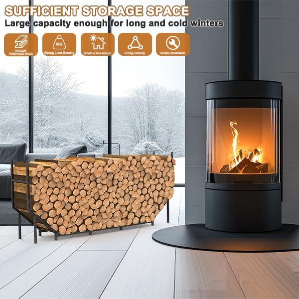 5.9ft Firewood Rack Holder, Outdoor Indoor Heavy Duty Metal Wood Stand, Adjustable Stacker Fireplace Lumber Organizer, Bottom Widening for Deck Patio Logs Storage Carrier Tool, Black