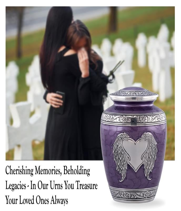 Angel Wings Urn - Loving Angel Wings Cremation Urn for Ashes - Handcrafted Angel Wings & Heart Adult Urn - Large Wings of Love Memorial Urn with Velvet Bag (Purple)