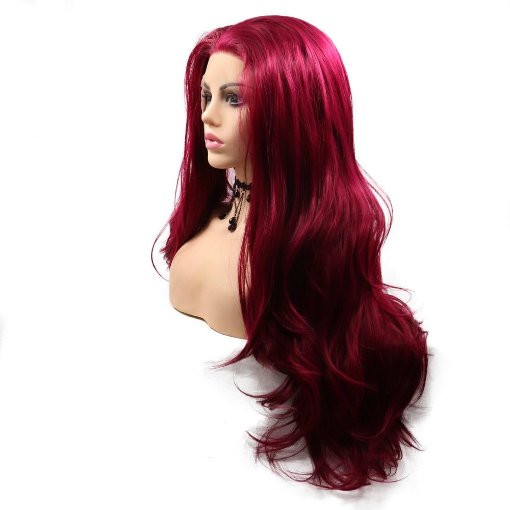 SERENEWIG Female Dark Red Synthetic Lace Front Wigs for Women Cosplay Party Replacement Drag Queen Mermaid Red Real Natural Color Long Wavy Hair Synthetic Full Glueless Wig 24"