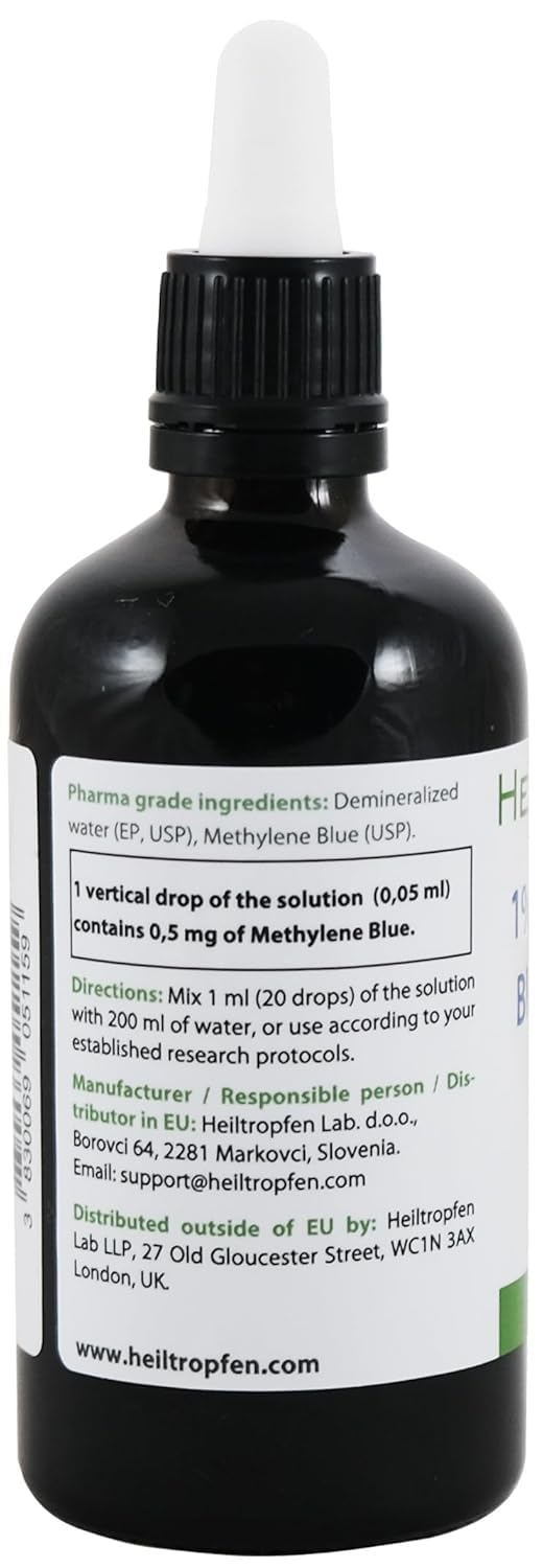 2x Methylene Blue 1% solution | 2x 3.4 Fl Oz - 2x 100 ml | Ultra High Purity | USP Pharma Grade Ingredients - Third-Party Tested | Formaldehyde free | Set of two | Glass Bottle | Heiltropfen®