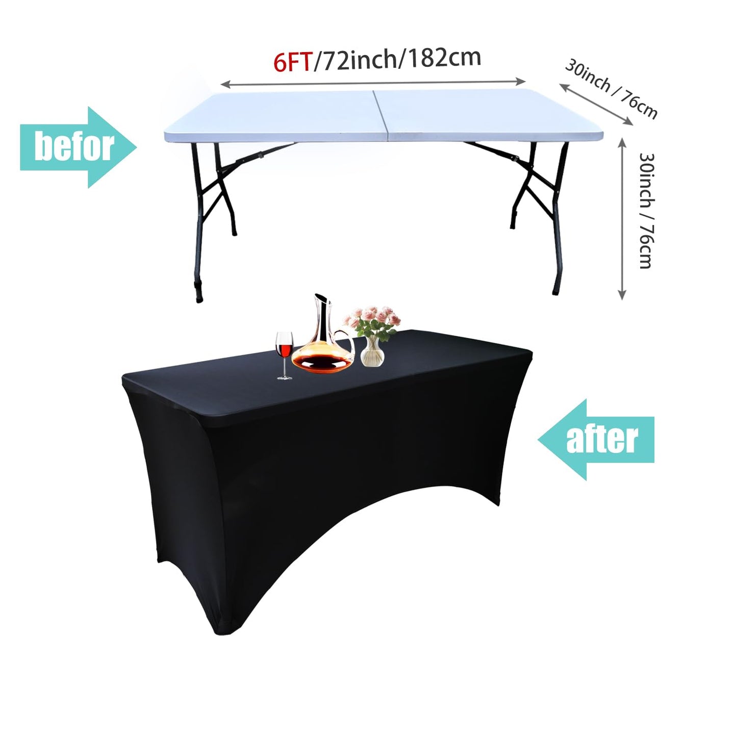 6 Pack - Elegant Black Stretch Spandex Table Cover (72Lx30Wx30H Inches), Non-Iron Fitted Tablecloth for 6-Foot Rectangular Folding Tables -Ideal for Banquets, Weddings & Festivals