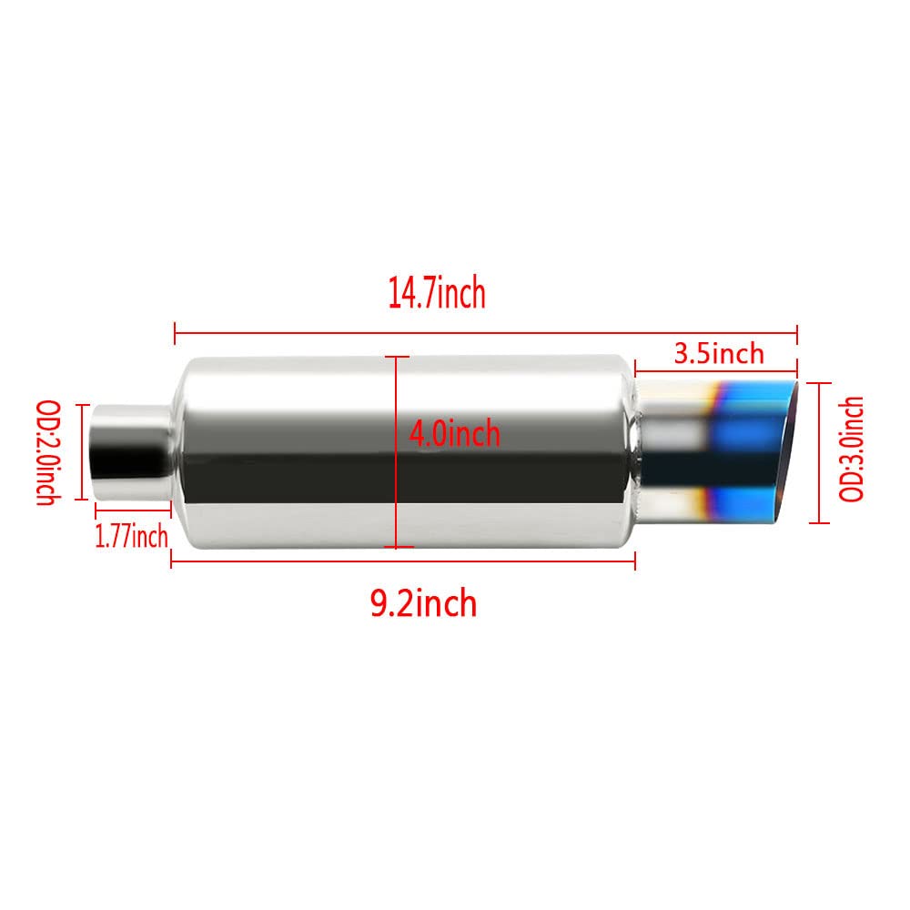 Exhaust Muffler, Universal Stainless Steel Exhaust Tip, 14.8" Length Performance Muffler (2'' Inlet 3'' Outlet)