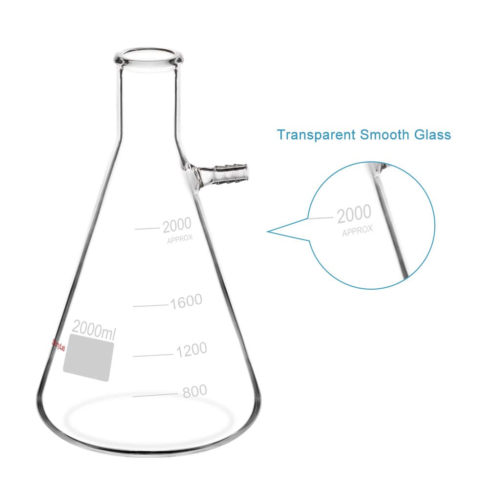 StonyLab 2000ml Borosilicate Glass Filtering Flask, Bolt Neck with Tubulation, 2L (2 Liter)