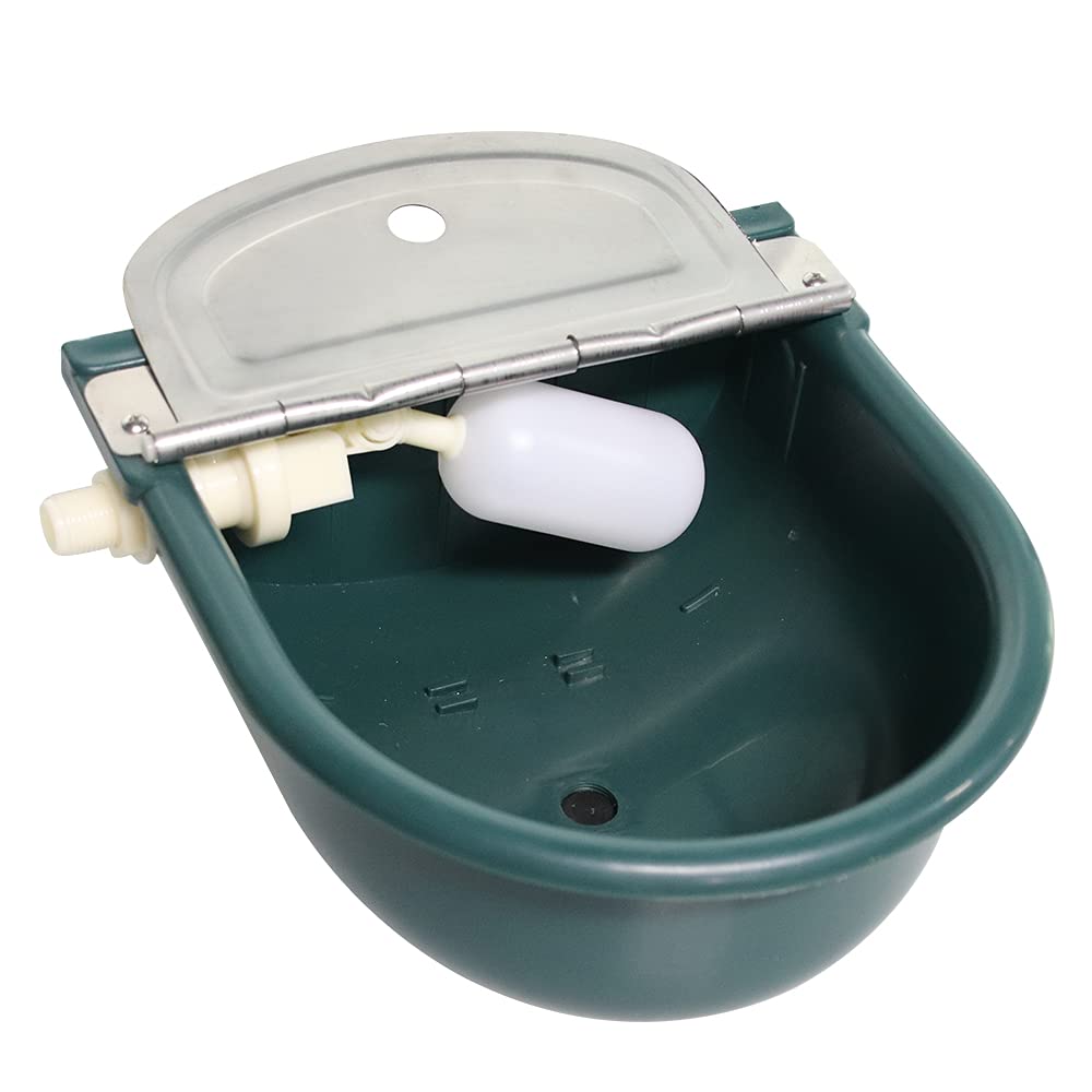 Automatic Water Bowl Plastic Livestock Stainless Steel Cover Waterer Dog Drinking Cattle Horse Drinker with Float Valve & Drain Plug & 1/2 Inch Pipe (Green)