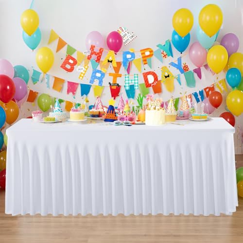 5 Pack White Spandex Fitted TableClothes for 6 Foot Rectangle Tables, Stretchy Long White Table Cloth Rectangle Tablecloth 6ft Fitted Table Cover Skirt for Weddings Birthday Party Banquet Baby Shower