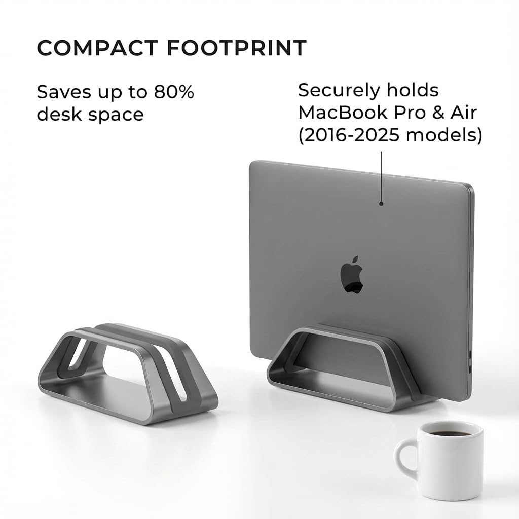HumanCentric Vertical Laptop Stand Compatible with MacBook Pro and MacBook Air, Holder for Personal Computer Desk Stand, Aluminium, Exchangeable Inserts to Fit Different Device Models, Silver