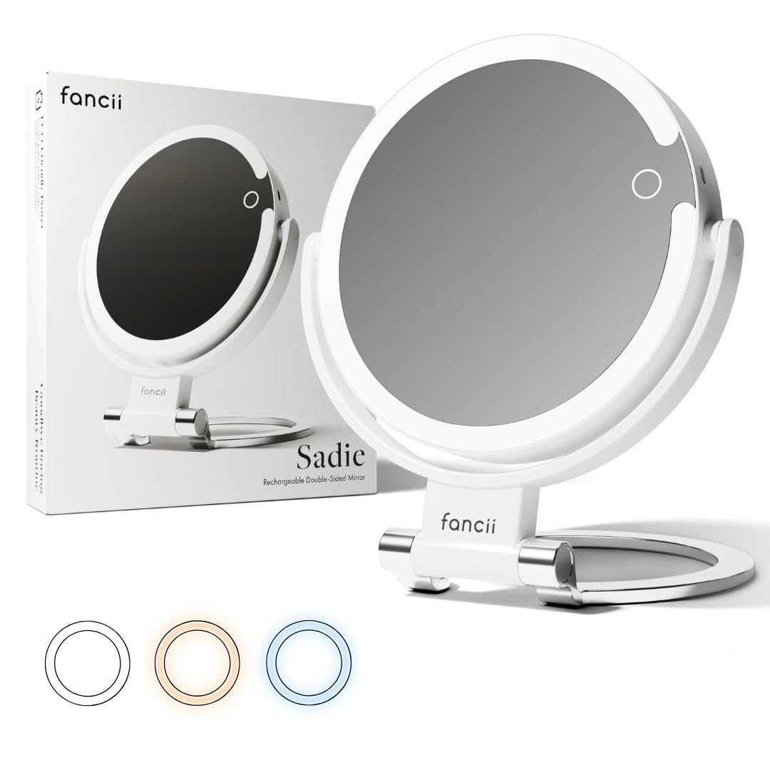 Fancii Travel Magnifying Mirror 10x /1x with Lights, Rechargeable | 9-Inch Extra Large LED Lighted Makeup Mirror, Folding Double Sided Portable Vanity Mirror, 3 Light Settings, Touch Sensor (Sadie)