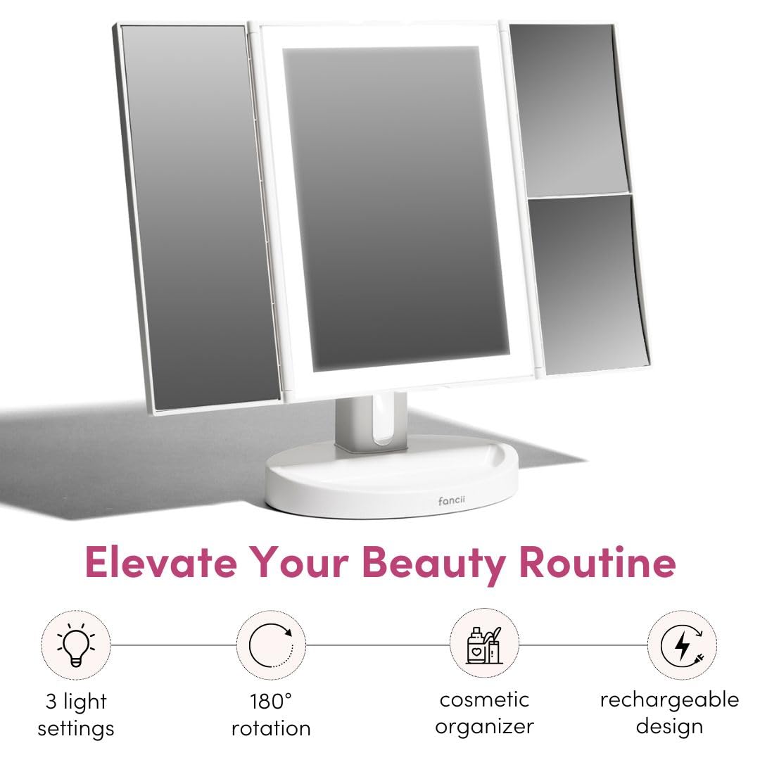 Fancii Vanity Makeup Mirror with LED Lights, 10x 5X 1X Magnification, Rechargeable - 68 Dimmable Natural Lights, Touch Sensor, Lighted Trifold Mirror with Stand (Proudly Canadian)