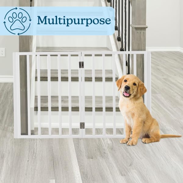 Wooden Pet Gate- Foldable 4-Panel Indoor Barrier Fence, Freestanding & Lightweight Design for Dogs, Puppies, Pets- 72 x24” (White Paint)