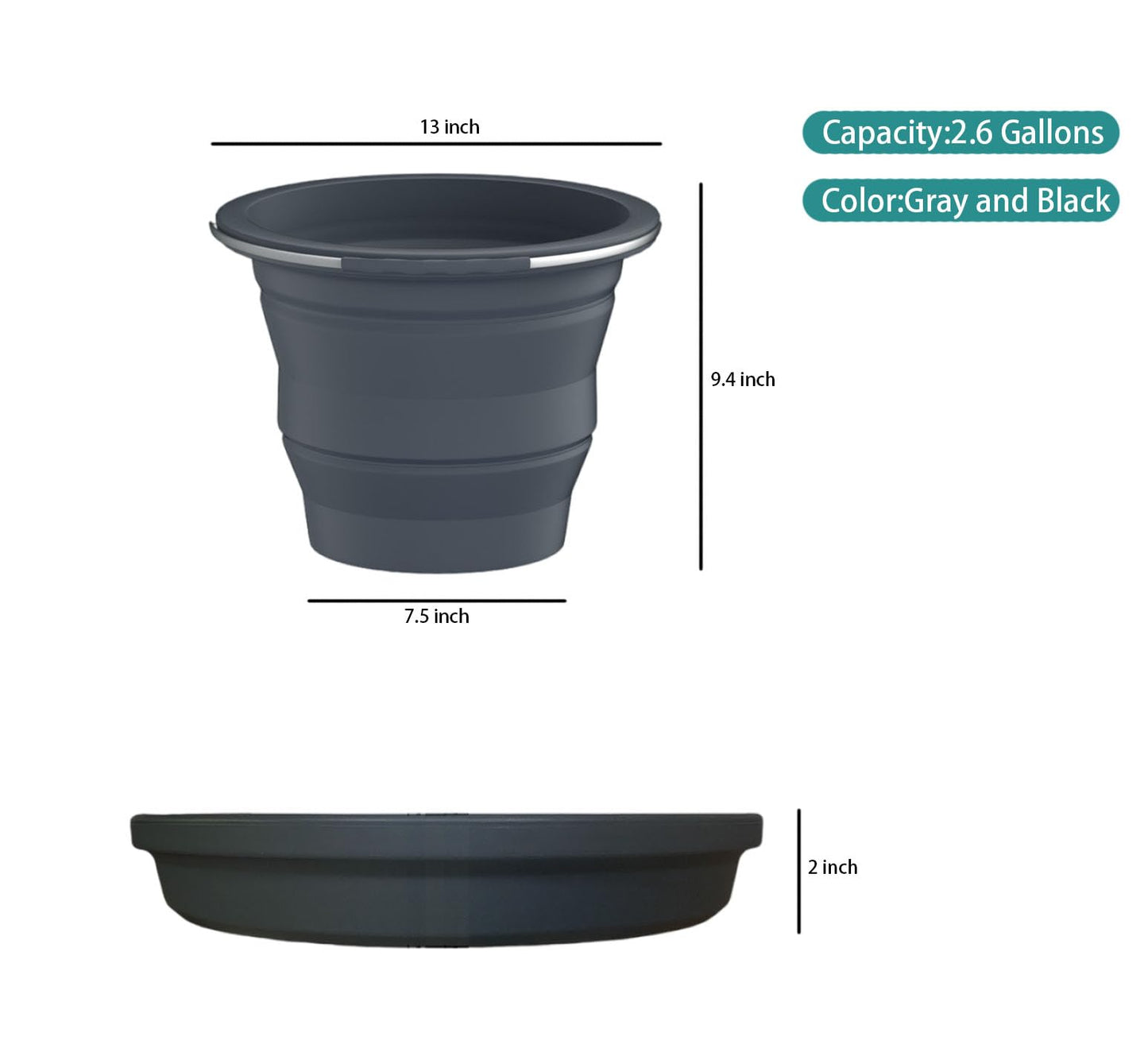 LLEEVWEI Collapsible Buckets, Silicone Bucket, Household Cleaning or Car Washing, Portable Folding Bucket for Fishing or Camping, 2.6 Gallons (10 Liters), Space-Saving Design, Round (Gray)