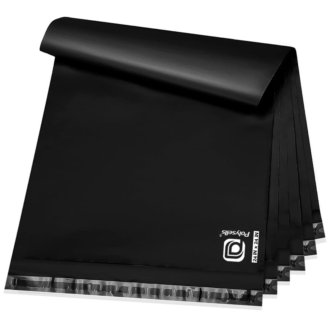 POLYSELLS 100 pcs 24x24 Inches Black Poly Mailers Shipping Envelopes, Strong Adhesive Sealing, Waterproof, and Tear-resistant Postal Mailing Bags for Clothing, Books, and Accessories