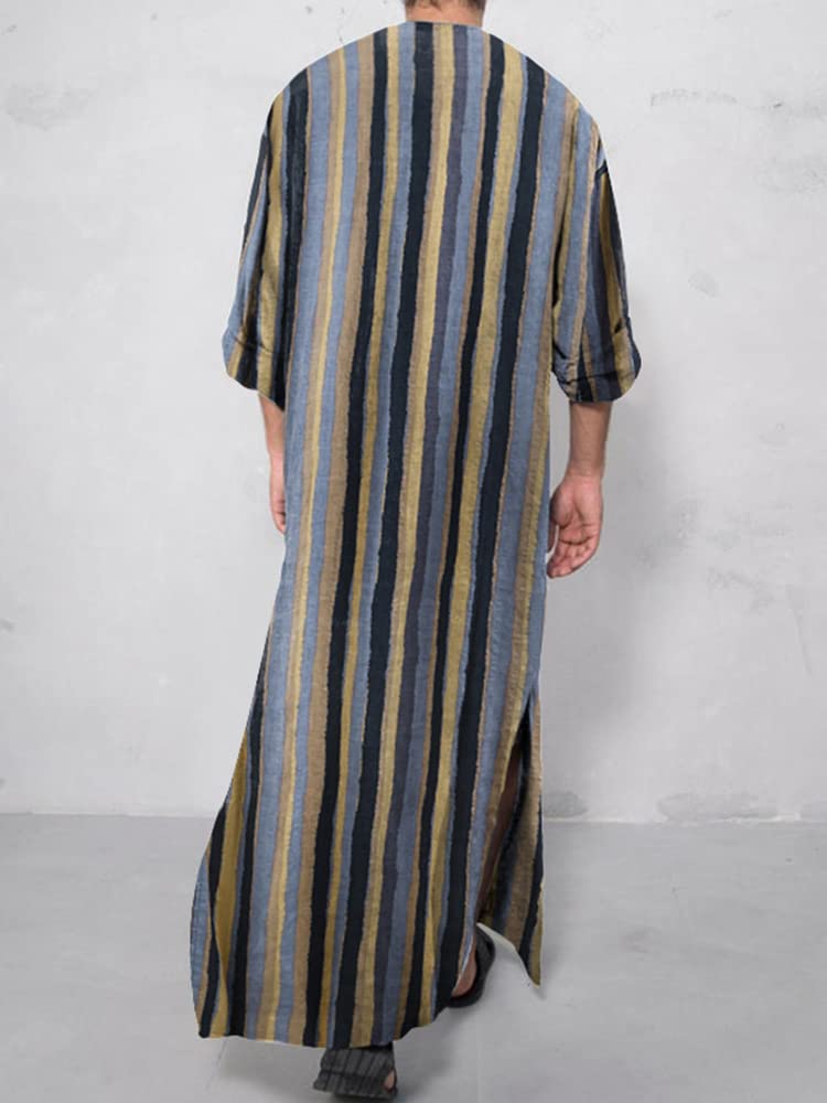 Hotmiss Men's Striped Robe Button Up Long Sleeve Kaftan Thobe Splits Long Gown Casual Shirt, Black, Large